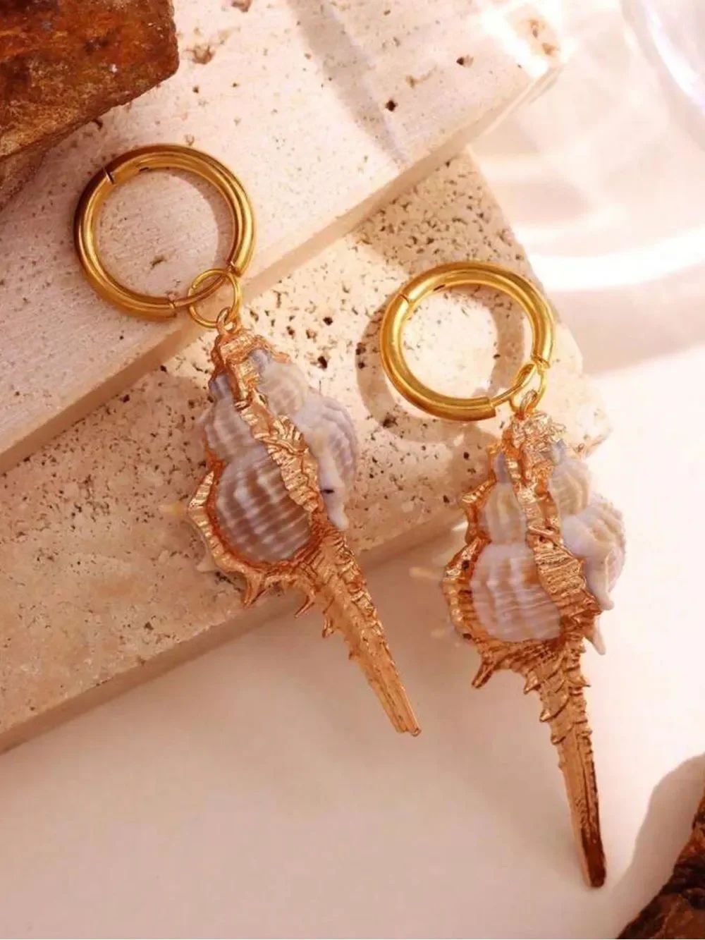L White Shell and Gold Drop Hoop Earrings R715